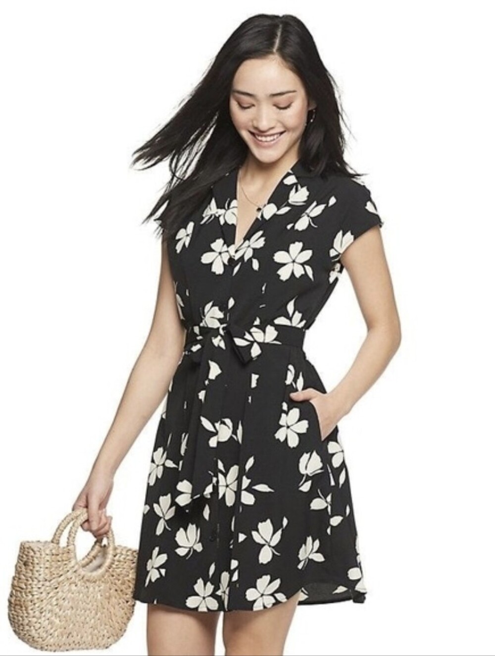 POPSUGAR Black and White Floral Button-Front Mini Dress